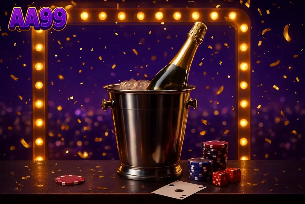 AA99 app — champagne bucket on rooftop terrace under glowing bulb marquee
