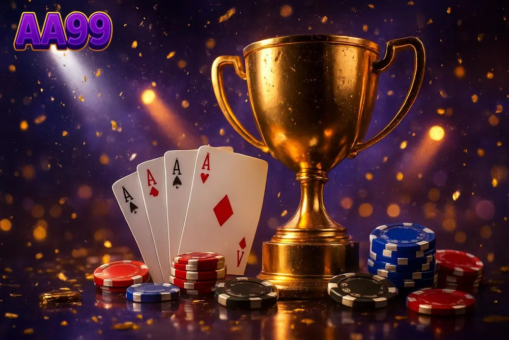 AA99 betting — golden trophy cup framed by rain-speckled glass and confetti