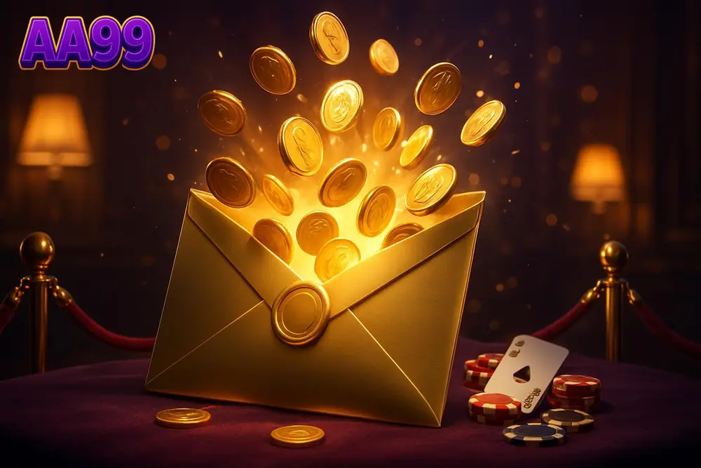 AA99 bonus — golden envelope bursting with coins in velvet-roped room