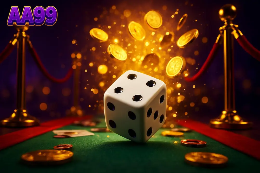 AA99 casino — dice tumbling on felt beside red carpet and gold sparkle