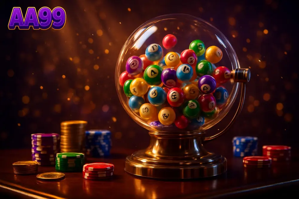 AA99 games — lottery ball machine mid-draw with coloured balls tumbling
