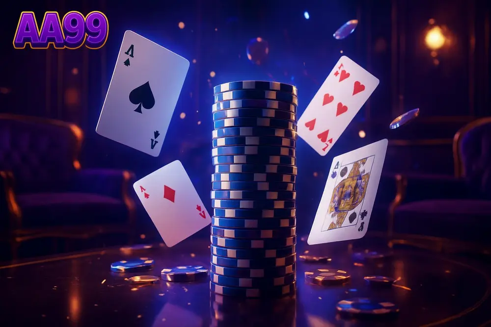 AA99 casino platform — tall poker chip tower with flying cards in neon lounge