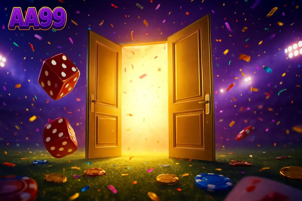 AA99 login — golden doors opening with tumbling dice and confetti