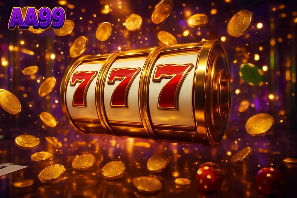 AA99 slots — giant slot reels showing sevens amid cascading gold coins